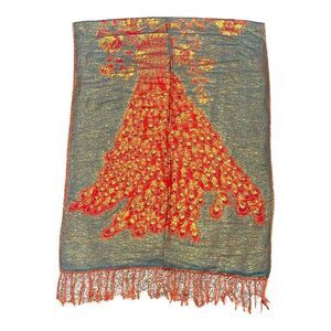 Vintage Green Red Gold Peacock Large Shawl Scarf 27”x70” Fringed Christmas